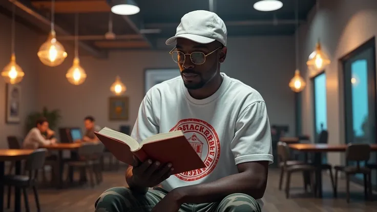 a digital art of a black guy, 18 years old, shaved hair, he is wearing a long white t-shirt with a red stamp, a camo skinny jeans, a white flat cap(flat hat - italian cap) and hipster glasses. He has a small mustach and a small goatie. He is reading a book...