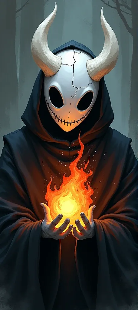 A Hollow Knight- game style character with a white mask part of which are white horns and the mask cracked in the mouth area in the form of a smile with a fireball in his hand  on the background 