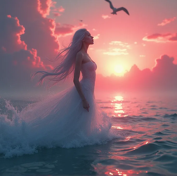 Siren singing music around the ocean pink red sky clouds and birds and sun 