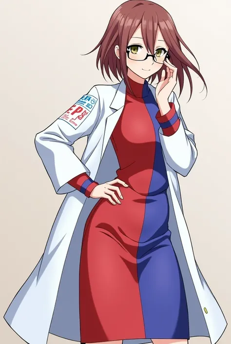  a woman wearing a red and blue dress and glasses is posing,  A portrait of a character inspired by Leiko Ikemura , trend on pixiv, what is?,  female protagonist  👀 :8, anime character,  Female anime character , fanart of Marin Kitagawa,  portrait of a fem...