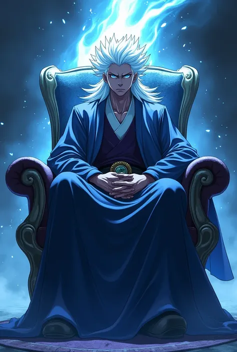 Create image of gojo amine sit on chair in full power