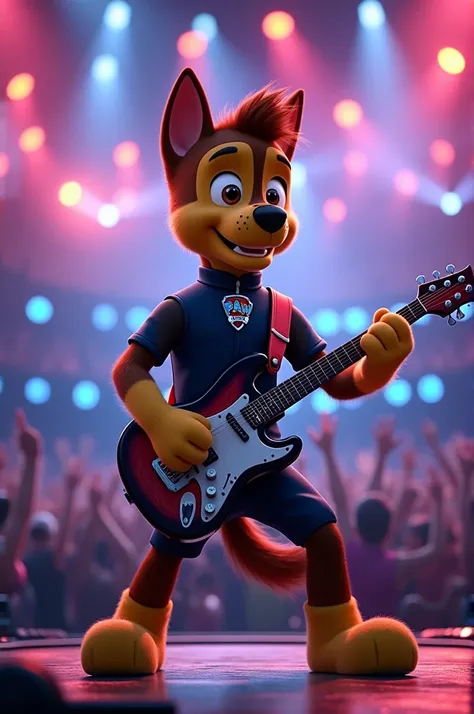 the character Chase from Paw Patrol, playing guitar, on a stage as if it were a rock concert