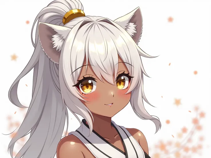 masterpiece, best quality, good quality, anime character, white hair, gold eyes, (dark skin), high ponytail, golden hair ornament, (fluffy big hair), white tiger ears, solo, girl, water particles, general, white background, pure, iridescent sidelighting, c...