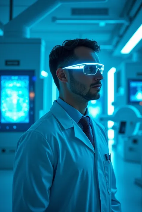 DOCTOR WEARS FUTURISTIC ILLUMINATED GLASSES  ,  IS SURROUNDED BY STATE-OF-THE-ART MEDICAL TECHNOLOGY ,  ENVIRONMENT ILLUMINATED WITH INTENSE BLUE LIGHT  