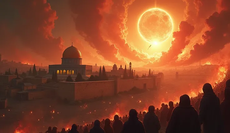 A dramatic and apocalyptic scene depicting the end times in Israel. The landscape shows the ancient city of Jerusalem, with the Dome of the Rock and the Western Wall surrounded by chaos and destruction. The sky is filled with fiery red and orange clouds, l...