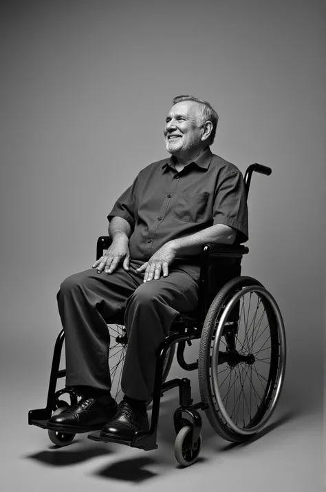 black and white photograph of a paralyzed man in a wheelchair, with a slight smile