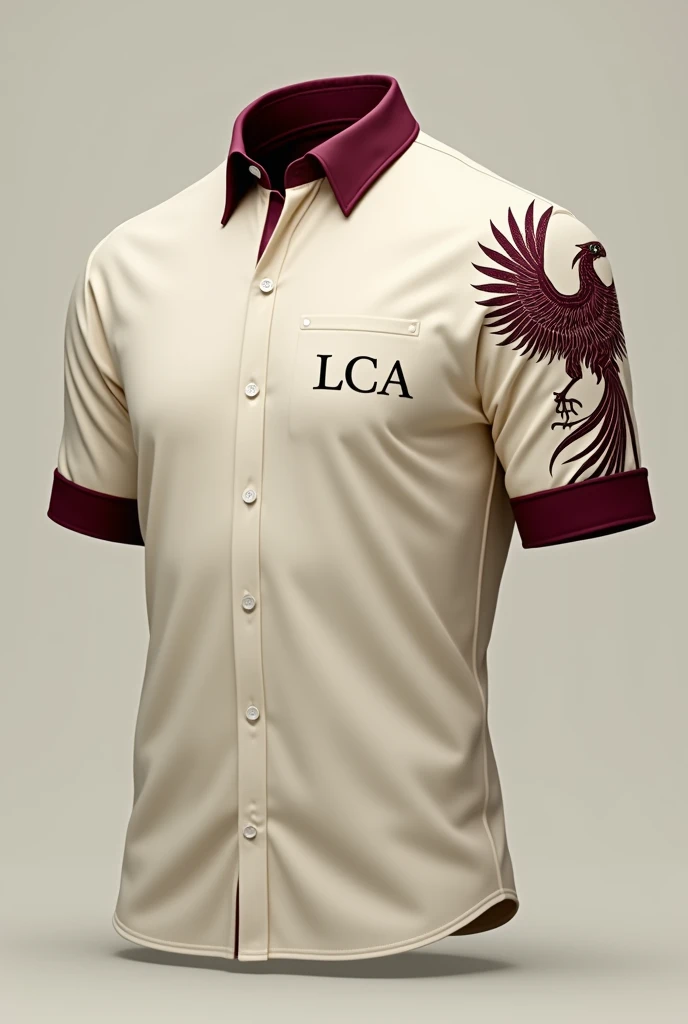  Create a cream-colored short sleeve shirt with the edge of the sleeves and red wine collar with a short closure, The silhouette of a phoenix on the edge of the right sleeve, and the acronym LCA on the left chest 