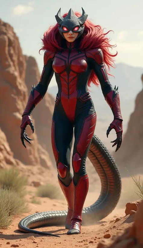 Design a hybrid entity that seamlessly combines the features of a Snake  and a superhero resembling Scarlet Witch . The creature should have the snakes ferocious mane and facial features , snake face with angry mood, with snake tail , fused with the physiq...