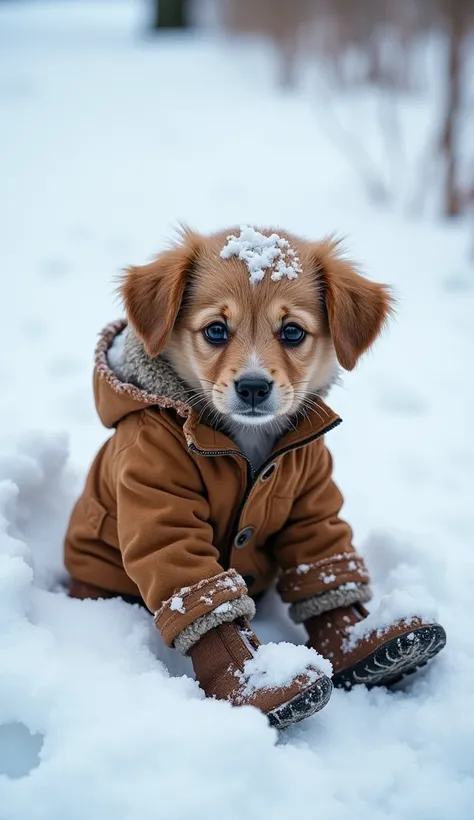 The path is icy, with paw prints visible behind them. They spot a small puppy buried halfway in snow.

The puppy wears a torn brown jacket, its edges frayed, and mismatched, worn-out boots. Snow covers its back, and its tiny body trembles from the cold.