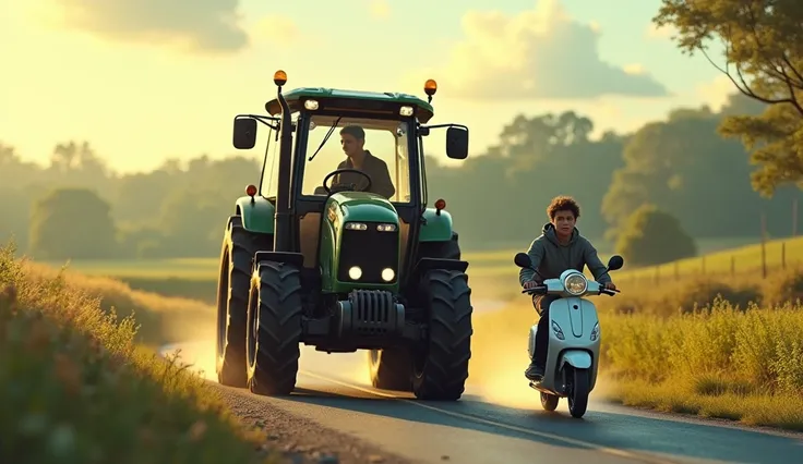 A slow tractor behind a teenager on his scooter on the road