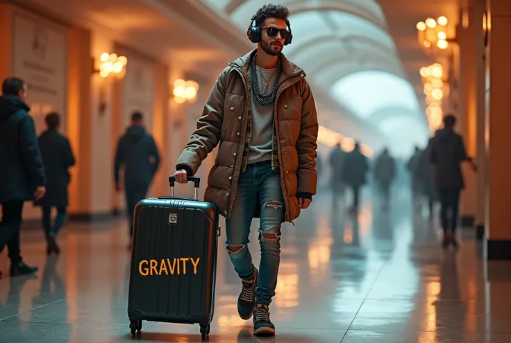 handsome european young man with super futuristic street outfit style holding a suitcase with the word Gravity tagged on it with style, walking in a corridor inside concert hall, Bling bling, Sunglasses, smile, headset, 