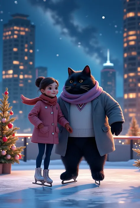 ultra-realistic, photorealistic, dramatic scene, shadow, global lighting. a teenage girl. She wears an elegant winter jacket over a stylish pink jumpsuit dress, a reddish-brown wool scarf, a glove, short boots, dark blue tights, she rides a cute giant blac...