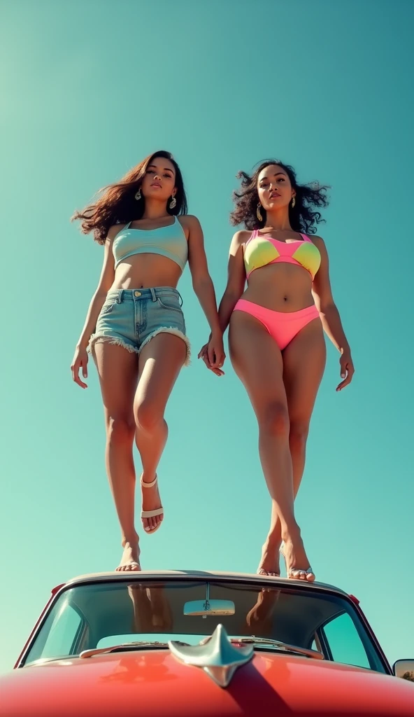 2 girls with big breasts are very beautiful standing on the roof of the car. The shot looks like they were jumping. Top to bottom view of the camera