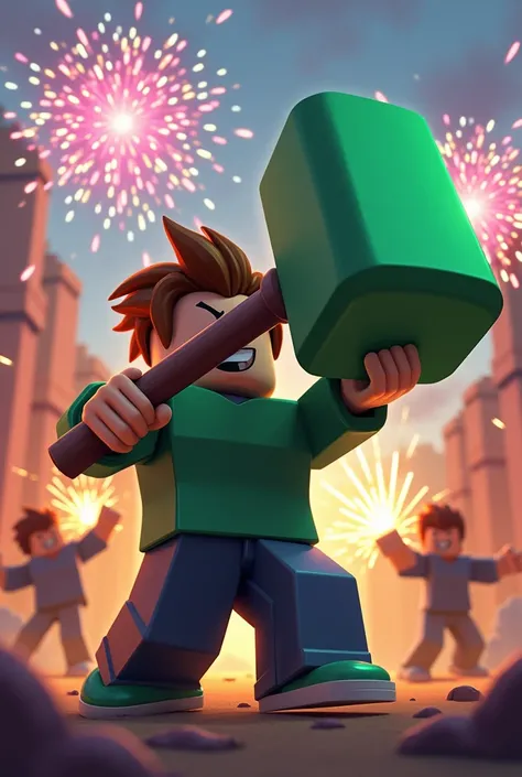 Make a Roblox—shaped character with a Green sledgehammer by setting off a barrier against the other Roblox—shaped player with a fistful of fireworks 