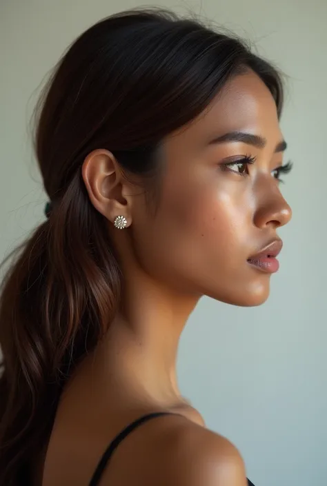 Profile view of a medium dark-skinned woman, showcasing only the top half of her head and shoulders. Her brown hair is tucked neatly behind her ears and falls softly over her shoulder. The focus is centered on her ear, providing a clear and unobstructed vi...