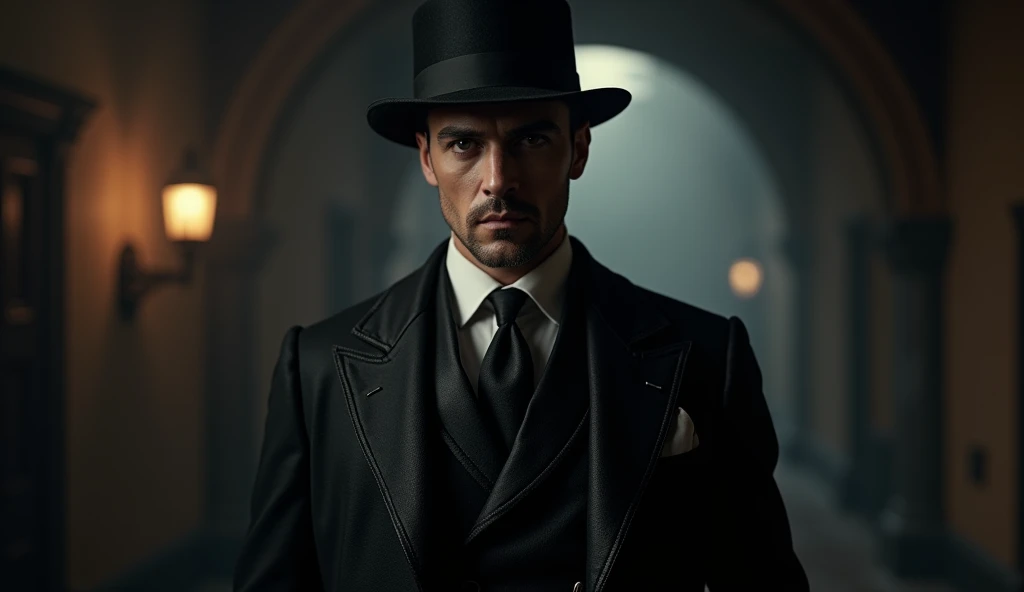  a man dressed as peak blinders with extremely detailed black clothing, with deep shadows and refined texture in his clothing , Conveying Power and Mystery.
