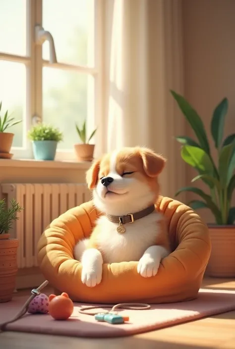 A relaxed pet at home ,  with welcoming visual elements (toys, walks)