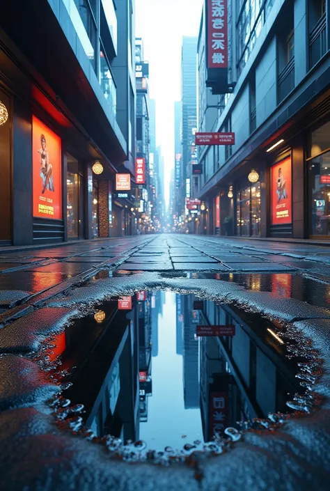 A beautiful and emotional vision of a futuristic city reflected in a round puddle on the sidewalk,  showing realistic details ,  vibrant colors,  and an atmosphere of wonder , cyberpunk,  cityscape , reflection, water.