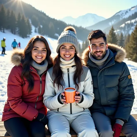 A realistic, high-quality photograph of Nazanin Nouri, a stylish and athletic virtual influencer, sitting with her Iranian friends at a snowy ski resort, enjoying a break after skiing. Nazanin is wearing a sleek white and gray ski outfit with a matching in...