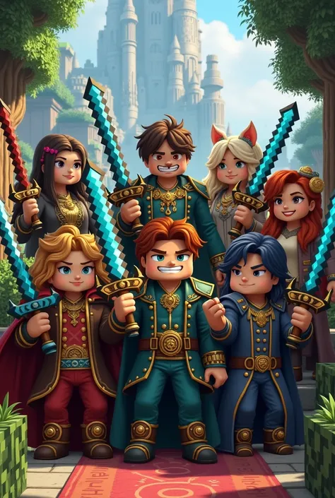  An image of rich Minecraft players with a sword clutched posing for a photo , but players must have different skins 