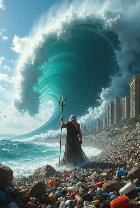 Poseidon launching a wave full of garbage and pollution against a city. In the water we can see a large amount of garbage, cans, ...