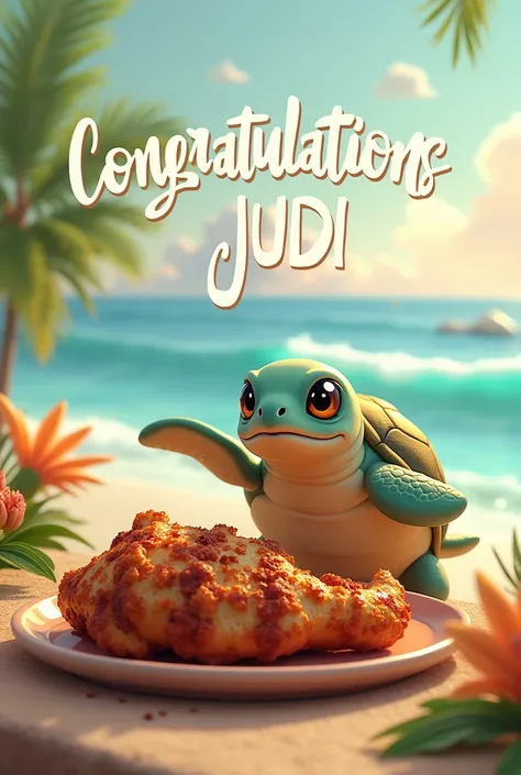 Generate an image of a caguama that says congratulations Judi and a roasted meat on the side