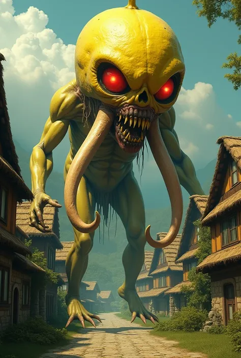 lemon, fruit, distorted face, big red gleaming eyes, mammoth tusks, village, 4k, ultra HD, ya moms left tit