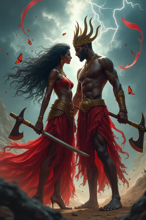 Create the image of a black Orixá Iansã and Xangô couple ,  Xangô is king with two axes in his hand red clothes and Iansã has no crown and black hair with a snake sword in his hand Scenario of storms with lightning and red butterflies