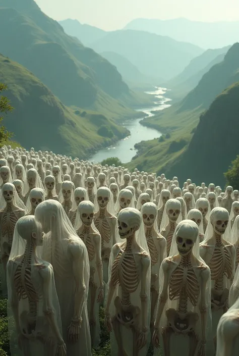 Create an image of a crowd of people in the valley  , ( the crowd looks like a skeleton showing their muscles and nerves)