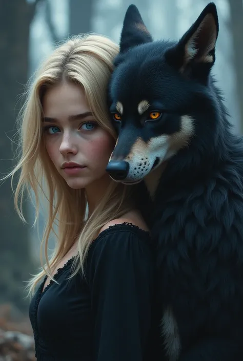 Now create an image of a hybrid between a blonde, blue-eyed teenager and a gray wolf and create another hybrid with a brunette teenager and a black wolf, both side by side.