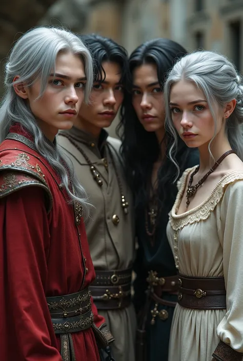 An image of a group of 4 pale friends from medieval times. They are young adults. Im going to describe each one to you . The first one: a pretty boy with gray hair . the second: a muscular boy with black hair . the third : an Asian boy with black hair . an...