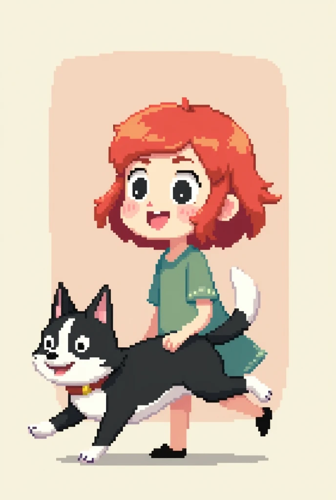  Pixel art red-haired girl with black and white dog. I drew small 6x6 pixels 