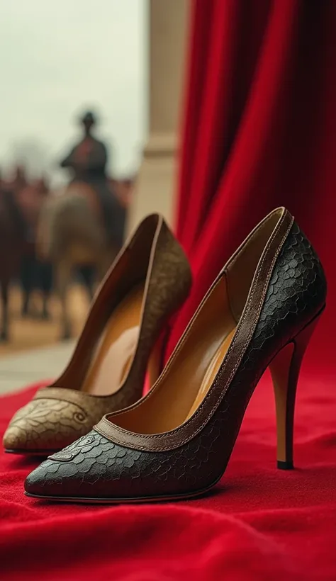 "A dramatic close-up of a pair of heels, blending historical and modern elements. On one side, rugged leather heels designed for 10th-century Persian riders, set against a battlefield backdrop. On the other side, sleek and stylish modern heels on a red car...