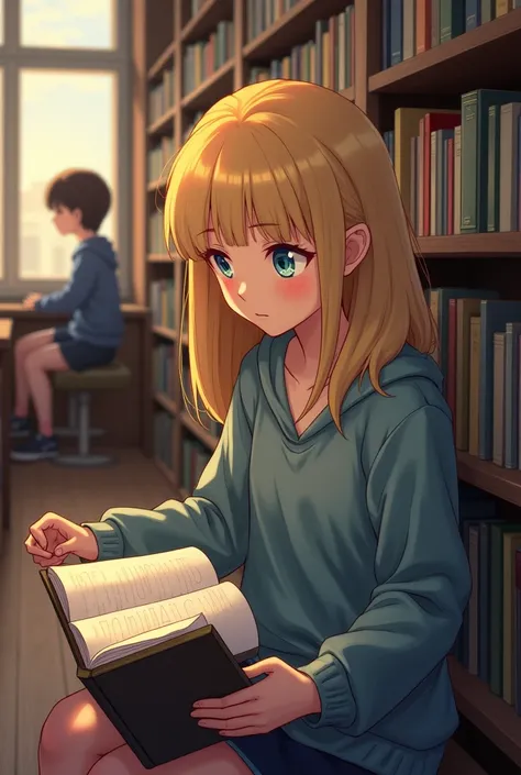 Illustration of two teenagers in the library she is blonde and is sitting reading 