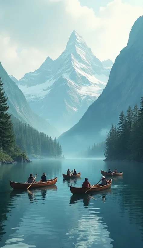 People paddling in canoes on a serene lake, surrounded by mountains and forests.