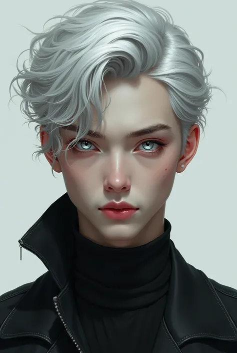 A young silver haired man with silver eyes and ethereal appearance with defined features and cold look 