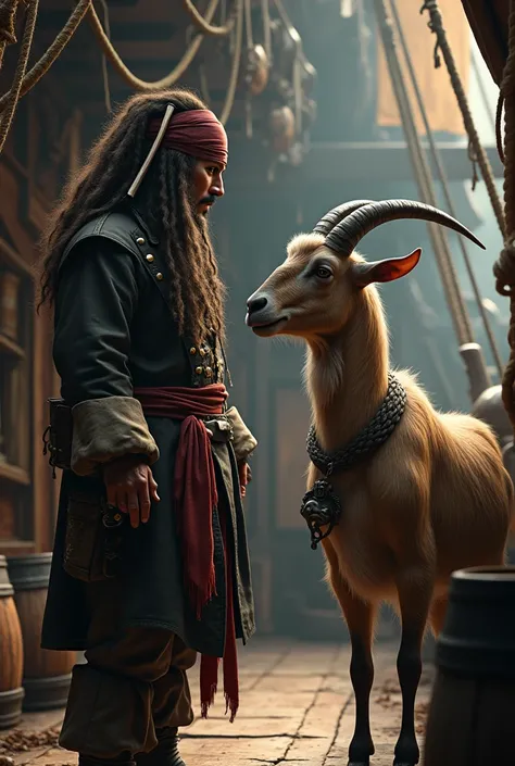  Create me a goat inside a pirate ship, realistic ,Jack Sparrow with his back ,Jack Sparrow talking to a goat  