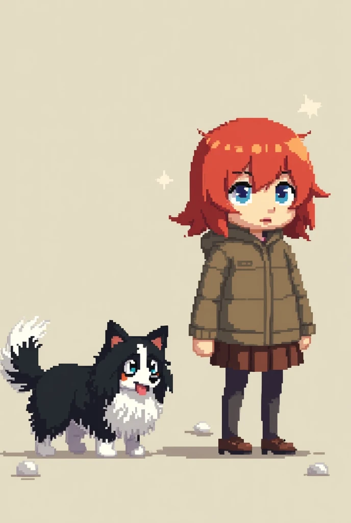  Pixel art big red-haired girl with black and white dog with long hair. I drew small 6x6 pixels . PIXEL ART SMALL 