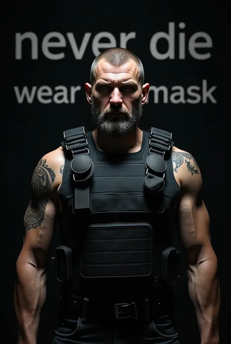 a Ukrainian gangster is wearing a bulletproof vest, the background is black and it says: Never Die Wear a mask. 