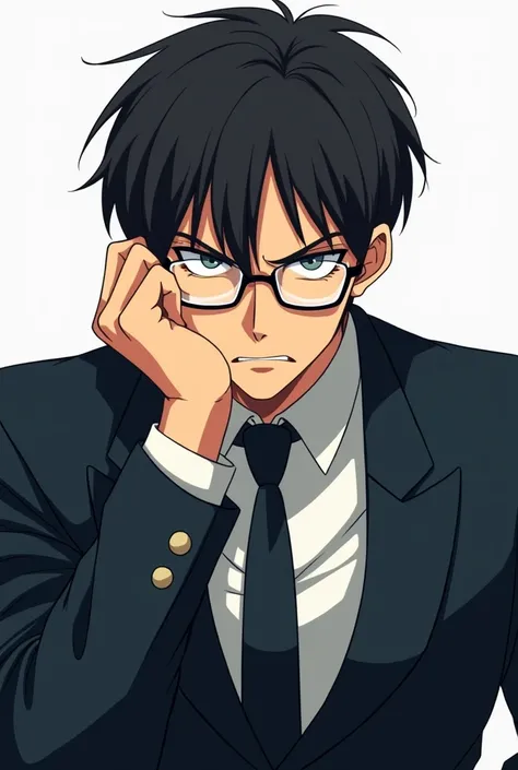 Handsome anime man in suit with dark hair and glasses resting his head on his hand. He is angry and staring directly at the viewer