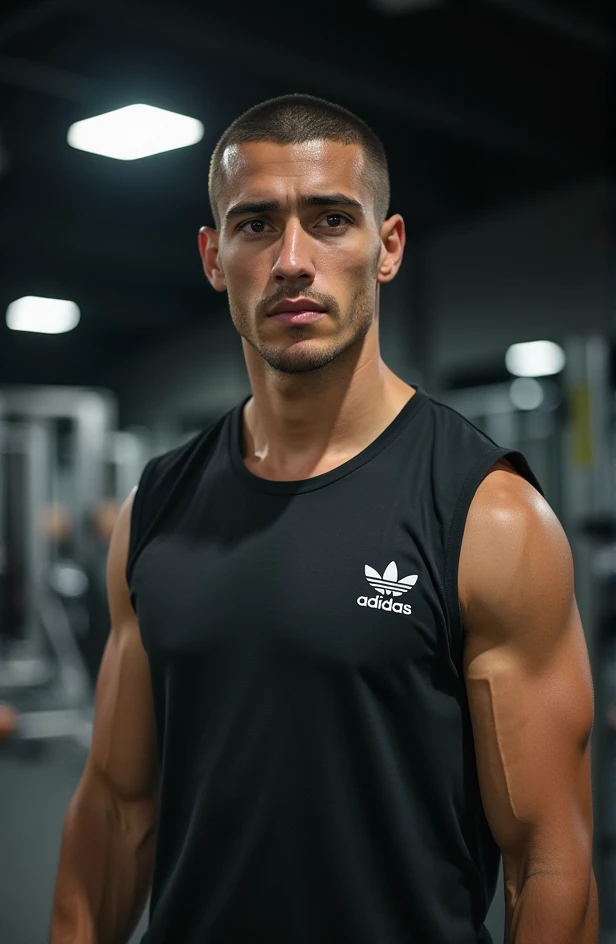  A man with dark buzzcut hair.  brown-eyed . defined nose. striking look.  marked mandible.  athletic body, big and defined.  fair skin .  Wearing a sleeveless shirt "adidas". short preto.  White socks and black sneakers . serious. At a gym at night .