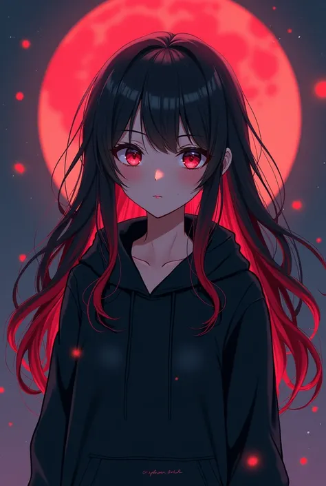 An anime-style dark-haired girl with mixed red hair in a black hoodie standing inside an equinox