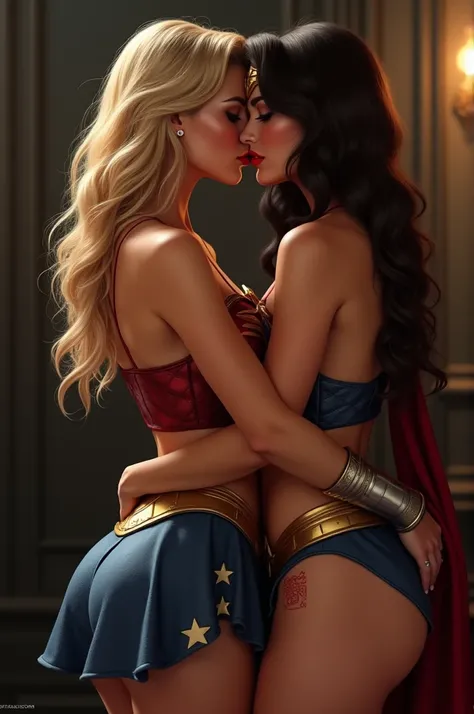   Wonder Woman and the Super Girl ,  Nsfw with their uniforms fully cropped at chest height, hugging each other, kissing ,  And with their faces they look at me  ,   bright red lipstick  , sardento,  provocative ,   big perky breasts and round ass  ,   wit...