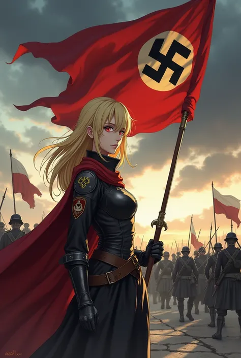  Imagine Seras Victoria from the anime Hellsing as a medieval warrior,  with her characteristic blond hair and bright reddish eyes .  She would be raising the flag of the Soviet Union  (USSR) And a second dark-haired character ,  blue eyes and a Nazi patch...