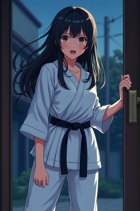  An anime girl with black hair and brown eyes, in karate outfit ,with a beautiful , looking to the left with a surprised expression , at the front door at night 