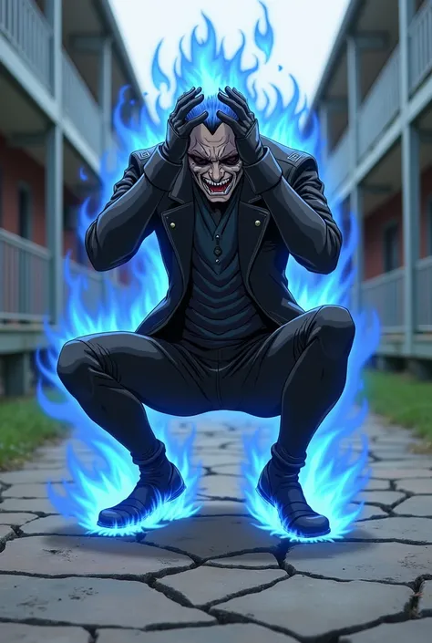 Japanese ANIME STYLE. A villain wearing black technological suits and technological weapons is in a school yard, the ground is broken and has deep cracks, blue flames are all over his body, he has both hands on his head and his knees are bent.
