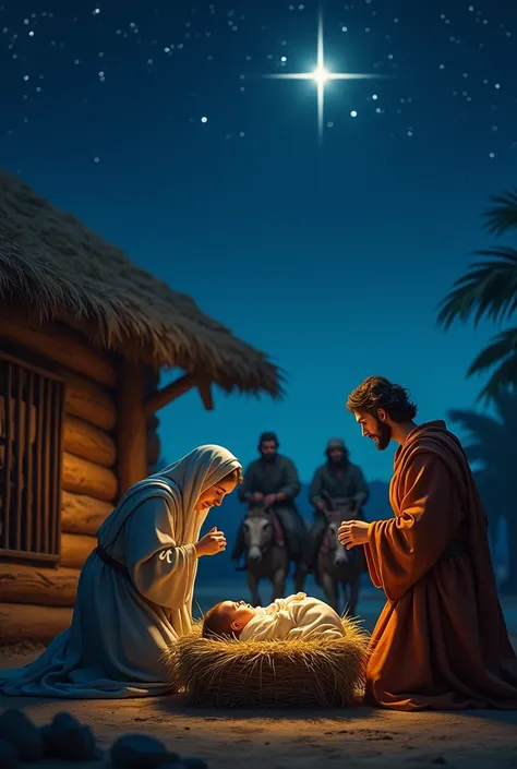 (photorealism:2,1), in the night time, at a far view, baby Jesus wrapped in swaddling clothes, lying in the manager, Mary and Joseph bending down,  looking at Him, the three wise men, coming to visit baby Jesus, in the manger, with gifts, riding on their d...