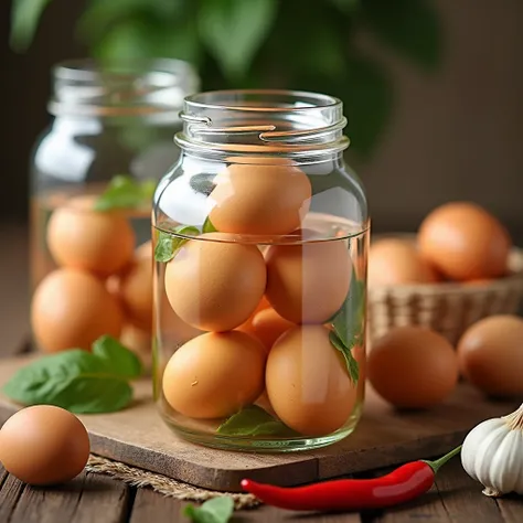  realistic photo of eggs in canned glass jars, with water inside the jar along with the eggs , 8K hyperrealistic photo, on top of a table,  can place ingredients showing up on the table such as chili, garlic, blond, 