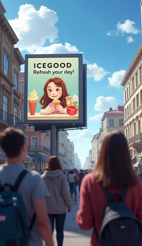 a high-resolution, realistic image of several people observing a billboard on a busy avenue, where an advertisement for an ice cream brand is printed with an illustration of a girl enjoying an ice cream, and with a caption next to it that reads "ICEGOOD Re...