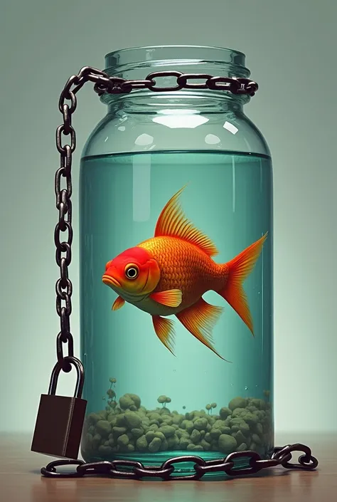 Artwork of a fish in a small fish tank with a chain and padlock